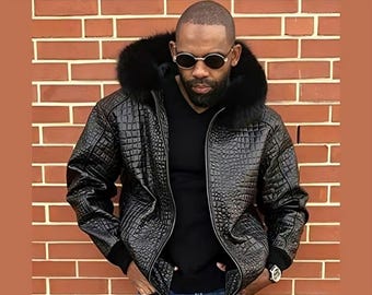 Handmade Crocodile Textured Leather Jacket With Faux Fur Hood - Etsy