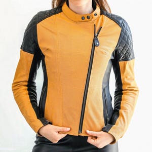 Women&#39;s Yellow Real Cowhide Leather Biker Jacket, Perforated Cafe Racer Motorcycle Jacket, Genuine Gift for Her