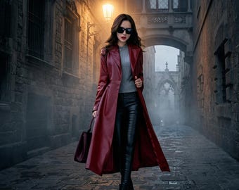 Damen-Trenchcoat aus rotem Leder | Langer Lammfellmantel, Maßanfertigung