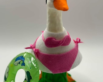 Hot Pink Bikini Desk Goose Outfit with Pool Float & Sunglasses | Handmade Costume for 7" Desk Goose | Funny Summer Décor