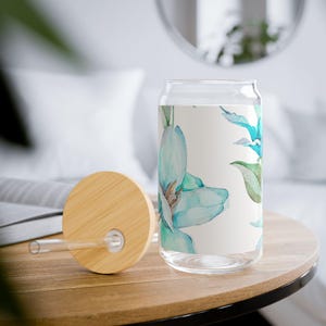 Floral Sipper Glas Tasse, 16 Unzen | Umweltfreundliches Trinkgeschirr, handgefertigtes Geschenk, Sommerpartys, rustikale Wohnkultur, nachhaltiges Leben