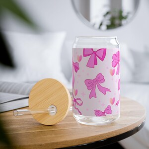 Pink Ribbon Sipper Glass, 16oz, Perfect for Gifts, Bridal Showers, Tea Parties, Pink Decor, Fun Drinkware