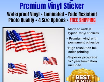 Waving US Flag Sticker: Waterproof, Laminated, Ultra Durable