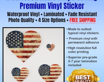 Distressed US Flag Heart Sticker: Waterproof Vinyl Decal