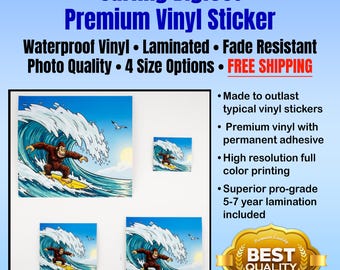 Surfing Bigfoot Sticker: Waterproof, Ultra Durable Vinyl Decal
