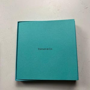 May include: A square, turquoise box with the words "TIFFANY & CO." printed in black. The box is closed and has a simple, elegant design, with a slightly raised edge.