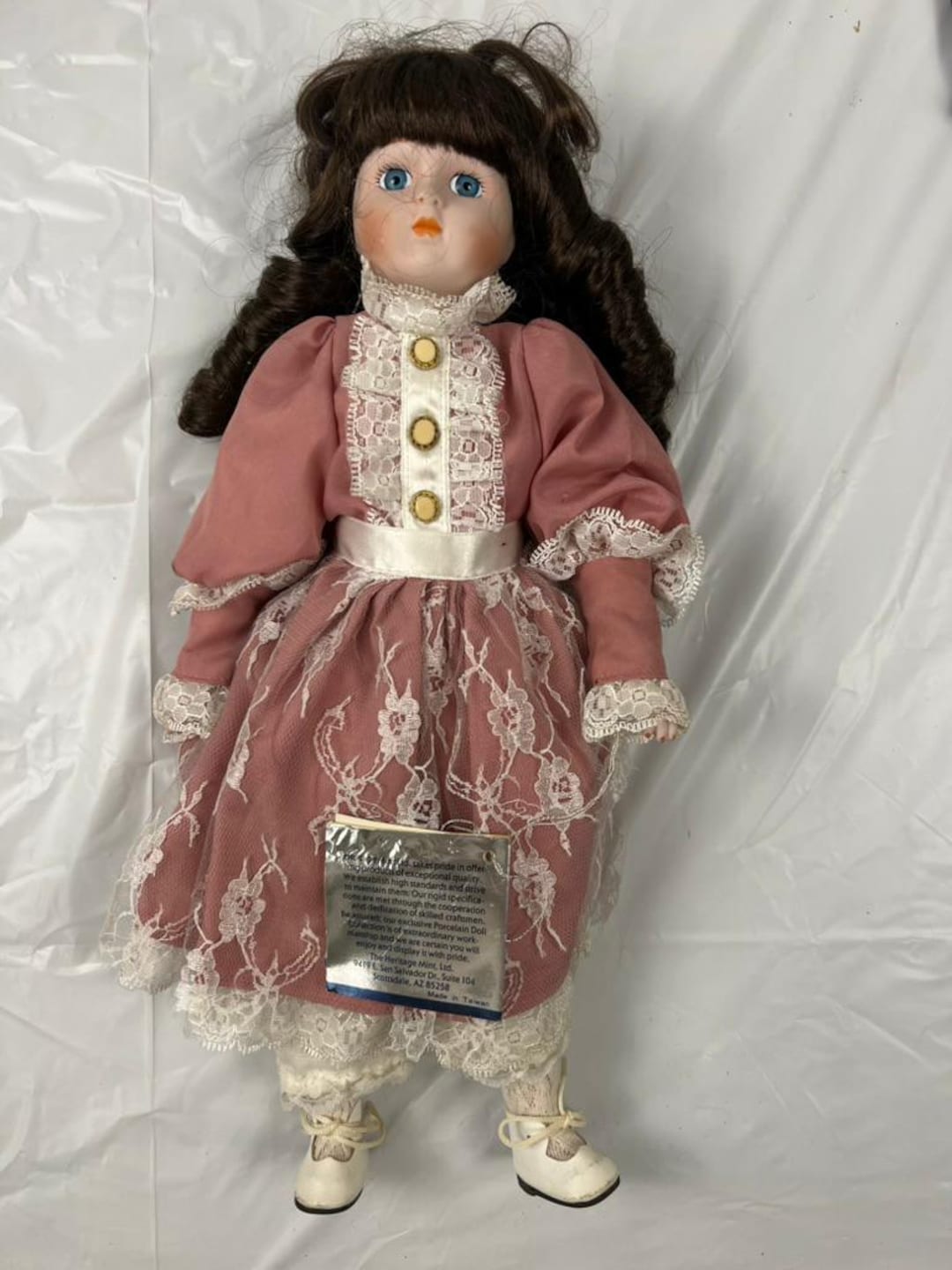Heritage Mint Ltd. Porcelain Doll – 17” Pink Lace Dress – Vintage