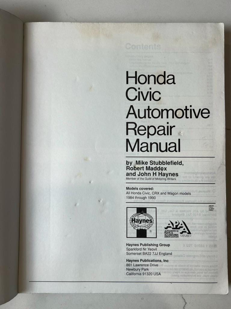 Honda Civic Automotive Repair Manual 1984-1990 | Vintage Haynes