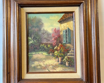 Vintage Framed Oil Painting European Courtyard Scene Signed Jan Valente