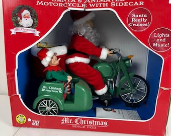 Working Mr Christmas Animated Santa Motorcycle With Sidecar Decor