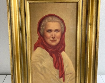 Vintage Old Lady of Capri Framed Print | Sidney Bell Portrait | Mid Century Wall Decor | Italian Inspired Wall Art | Gold Frame