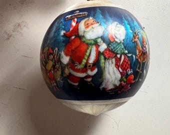 Vintage Hallmark Christmas Ornament 1981 • Blue Santa & Reindeer Holiday Ball • 4” Satin Wrapped Collectible • Retro Xmas Décor