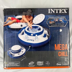 May include: Intex Mega Chill floating cooler, white and blue, with a Connect 'n Float System. Features a lid and cup holders. Approximate inflated size is 89cm. The box includes the text "Connect Intex floats to relax and socialize with friends!"
