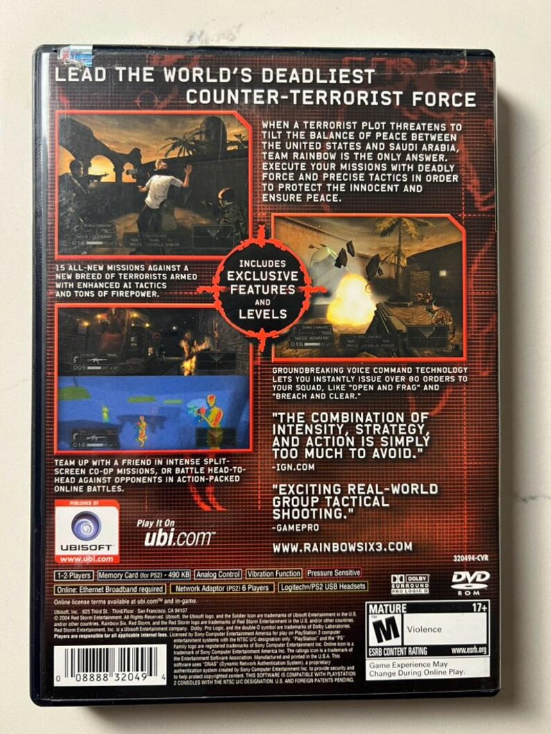 Puede incluir: Caja de juego de DVD Rainbow Six 3. La parte trasera de la caja presenta escenas de acci&oacute;n, descripciones del juego y la clasificaci&oacute;n ESRB. Incluye caracter&iacute;sticas y niveles exclusivos. Juega en l&iacute;nea con hasta 6 jugadores. Contenido maduro, violencia.