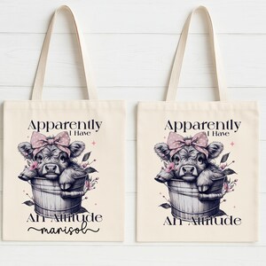 Personalized Cute Highland Cow Tote Bag, Custom Name Tote, Adorable Canvas Bag, Gift for Kids, Teens, or Her Personalized Cow Tote Bag
