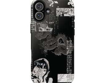 May include: A black smartphone case featuring a collage of white manga-style illustrations, including a dragon, a person with a split face, and Japanese text characters. The design incorporates floral accents and abstract patterns across the surface.