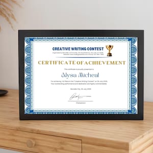 ELEGANT ACHIEVEMENT Certificate Template | Creative Writing Contest Award Printable PDF | Editable Student Recognition Certificate, Canva