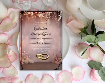 May include: A wedding invitation with the names "Sebastian" and "Cahaya Dewi" in elegant script. The invitation features a soft pink and brown background, gold rings, and the date "October 23 Monday". Decorative elements include floral accents and a black border.