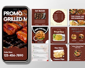 May include: A smartphone displays a food promotion with grilled meat and a phone number to order. Additional squares showcase menu items like fried chicken, rice, and burgers. The text "PROMO GRILLED M" is visible.