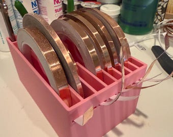 Stained glass foil caddy, foil holder for various sized spools of copper foil.