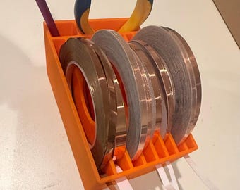Stained glass foil caddy, foil holder for various sized spools of copper foil.