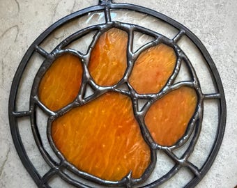Stained glass Clemson SC Tiger Paw sun catcher / window hanging / light catcher