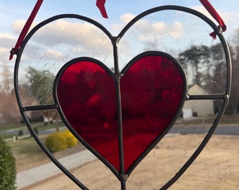 Large heart shaped sun catcher, love, valentines, gifts for her, iron heart, custom stained glass heart, nested red and clear stained glass