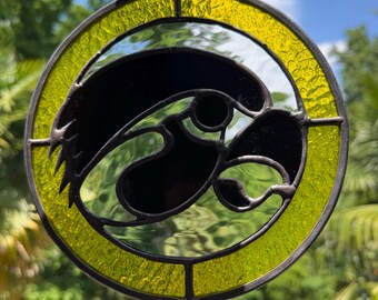 Stained glass Iowa Hawkeye sun catcher / window hanging / light catcher / Herky the Hawk / Iowa Hawks / Hawkeye