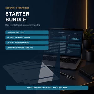 Può includere: Un pacchetto iniziale per operazioni di sicurezza con un portatile che mostra dashboard di dati, una penna e documenti. Testo: SECURITY OPERATIONS STARTER BUNDLE, 30-DAY SECURITY LOG, INCIDENT + HANDOFF SYSTEM, ACTION + REVIEW TRACKING, ASSESSMENT REPORT TEMPLATE.