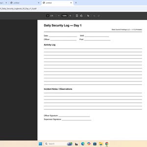 Puede incluir: Documento blanco titulado "Registro diario de seguridad - Día 1" con campos para fecha, oficial, turno y puesto. El documento incluye una sección de registro de actividad con espacios rayados para notas y observaciones.