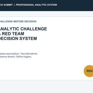 May include: A white rectangular sign with dark blue text reading BLACK SUMMIT | PROFESSIONAL ANALYTIC SYSTEM. Below, it says CHALLENGE BEFORE DECISION, ANALYTIC CHALLENGE & RED TEAM DECISION SYSTEM, and Expose assumptions. Test alternatives. Preserve dissent. Define triggers. A gold circle with the word RED is in the bottom right corner.