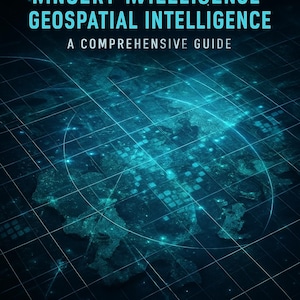 Puede incluir: Una portada de libro con el título "GEOSPATIAL INTELLIGENCE" en color turquesa, sobre "A COMPREHENSIVE GUIDE" en blanco. El fondo presenta un mapa digital del mundo con una superposición de cuadrícula, todo en tonos turquesa y azul.