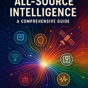 Puede incluir: Portada de libro con el título "ALL-SOURCE INTELLIGENCE" en letras mayúsculas blancas. Debajo, el subtítulo "A COMPREHENSIVE GUIDE". El fondo presenta un diseño colorido y radiante con varios iconos, incluyendo un satélite y un símbolo Wi-Fi.