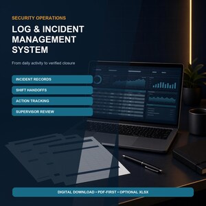 May include: A digital security operations log and incident management system display featuring text: SECURITY OPERATIONS LOG & INCIDENT MANAGEMENT SYSTEM, From daily activity to verified closure, INCIDENT RECORDS, SHIFT HANDOFFS, ACTION TRACKING, SUPERVISOR REVIEW, DIGITAL DOWNLOAD • PDF-FIRST • OPTIONAL XLSX.