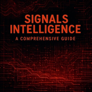 Puede incluir: Portada de libro con el título "SIGNALS INTELLIGENCE" en letras naranjas grandes. Debajo, en texto naranja más pequeño, se lee "A COMPREHENSIVE GUIDE". El fondo es negro con una red de líneas y puntos rojos.