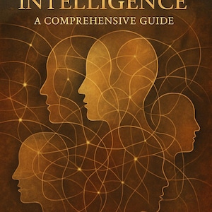 Puede incluir: Una portada de libro con el título "INTELLIGENCE" en letras doradas sobre el subtítulo "A COMPREHENSIVE GUIDE". La imagen presenta varios perfiles humanos estilizados en tonos dorados, interconectados por una red de líneas y puntos sobre un fondo marrón oscuro.