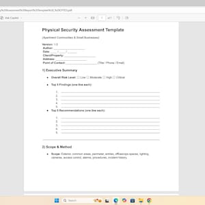 May include: A white document titled "Physical Security Assessment Template" with sections for an executive summary, findings, and recommendations. The document is designed for apartment communities and small businesses.