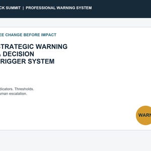 May include: A white rectangular sign with dark blue text reading BLACK SUMMIT | PROFESSIONAL WARNING SYSTEM, SEE CHANGE BEFORE IMPACT, STRATEGIC WARNING & DECISION TRIGGER SYSTEM, Indicators. Thresholds. Human escalation. A gold circle with WARN text.