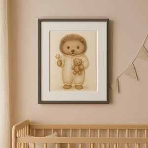 Adorable Hedgehog Nursery Art Print, Cute Hedgehog in Pajamas with Rattle & Book, Whimsical Woodland Animal Wall Decor for Kids Room