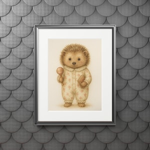 Adorable Hedgehog Nursery Art Print — Cute Hedgehog in Pajamas with Rattle & Book, Whimsical Woodland Animal Wall Decor for Kids Room