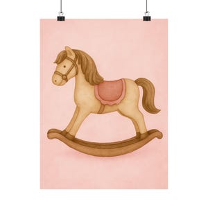 Vintage Rocking Horse Nursery Print: Pastel Pink Baby Girl Wall Art