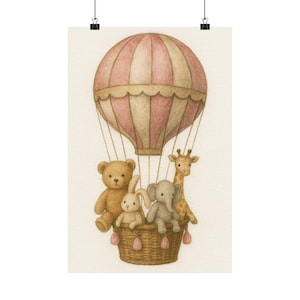 Hot Air Balloon Animal Nursery Print | Unframed Baby Girl Wall Art | Pink Vintage Poster with Teddy, Bunny, Elephant, Giraffe