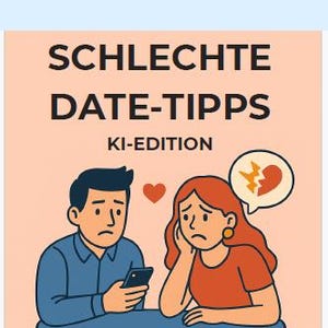 Puede incluir: Ilustración de un hombre y una mujer tristes en una mesa. El hombre mira su teléfono y la mujer apoya la cabeza en la mano. Un corazón roto está en un bocadillo. El texto dice "SCHLECHTE DATE-TIPPS KI-EDITION".