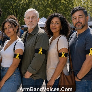 May include: Six individuals wearing black armbands with yellow ribbon pins on their upper arms. The armbands are solid black fabric, and each features a small, bright yellow awareness ribbon attached to the center. The text ArmBandVoices.com is visible.