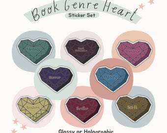 Book Genre Heart Sticker Set 8pc Glossy or Holographic Gift for Book Lover