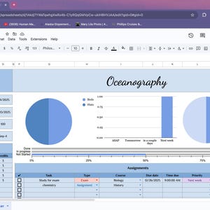 May include: A blue assignment tracker spreadsheet titled "Oceanography" with charts and tables. The spreadsheet includes course names, due dates, and progress bars. The text "Assignment tracker (Blue)" is at the top.