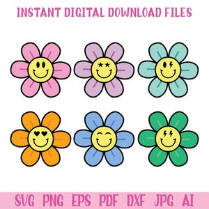 Puede incluir: Seis diseños de flores coloridas con caras sonrientes. Las flores son rosas, moradas, turquesas, naranjas, azules y verdes. El texto "INSTANT DIGITAL DOWNLOAD FILES" está en la parte superior y "SVG PNG EPS PDF DXF JPG AI" en la parte inferior.