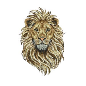 Puede incluir: Cabeza de león bordada con una melena detallada en tonos dorados y marrones. La cara del león está centrada, mostrando sus ojos, nariz y bigotes. El diseño está sobre un fondo blanco liso, resaltando el intrincado bordado.