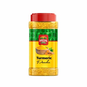 May include: A rectangular turmeric powder container with a red cap and yellow label. The label features the text "Turmeric Powder" and an illustration of turmeric root and powder. The container is filled with yellow powder.
