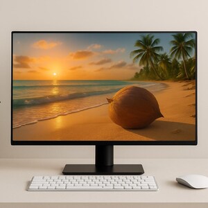 Tropical Beach Sunset with Coconut – 4K Desktop Wallpaper